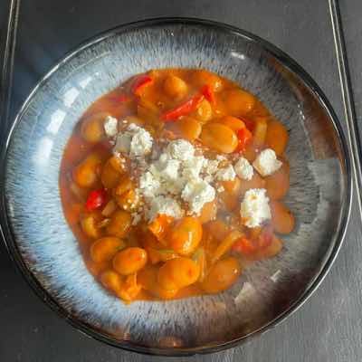 A bowl of spicy white bean stew