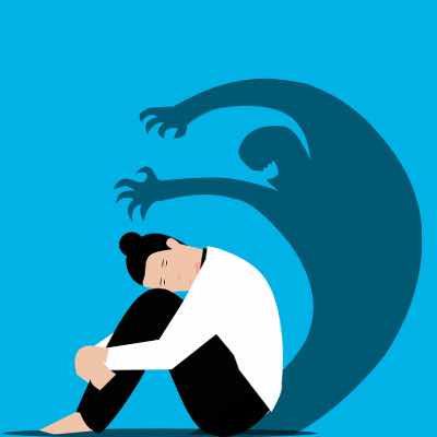 Illustration of man sitting down with shadow over him
